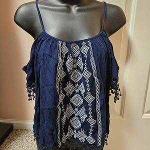 VENUS Navy Cold Shoulder Camisole with White Embroidery